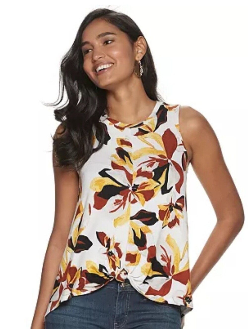 NWT Jennifer Lopez Floral Twist-Hem Tank Top - White with Yellow & Rust